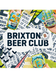 Promotional graphic for Brixton Beer Club with beer cans and text.