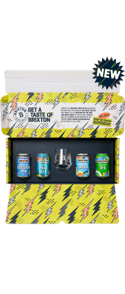 Brixton Brewery Beer + Glass Gift Pack, box open to show four 330ml cans and a Harmony glass